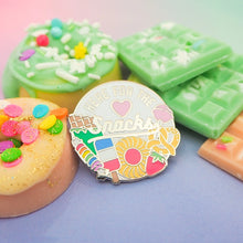 Load image into Gallery viewer, &quot;HERE FOR THE SNACKS&quot; - ENAMEL PIN BADGE BY HAND OVER YOUR FAIRY CAKES
