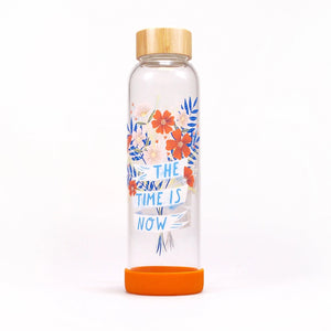 "THE TIME IS NOW" GLASS WATER BOTTLE WITH ARTWORK BY BONBI FOREST